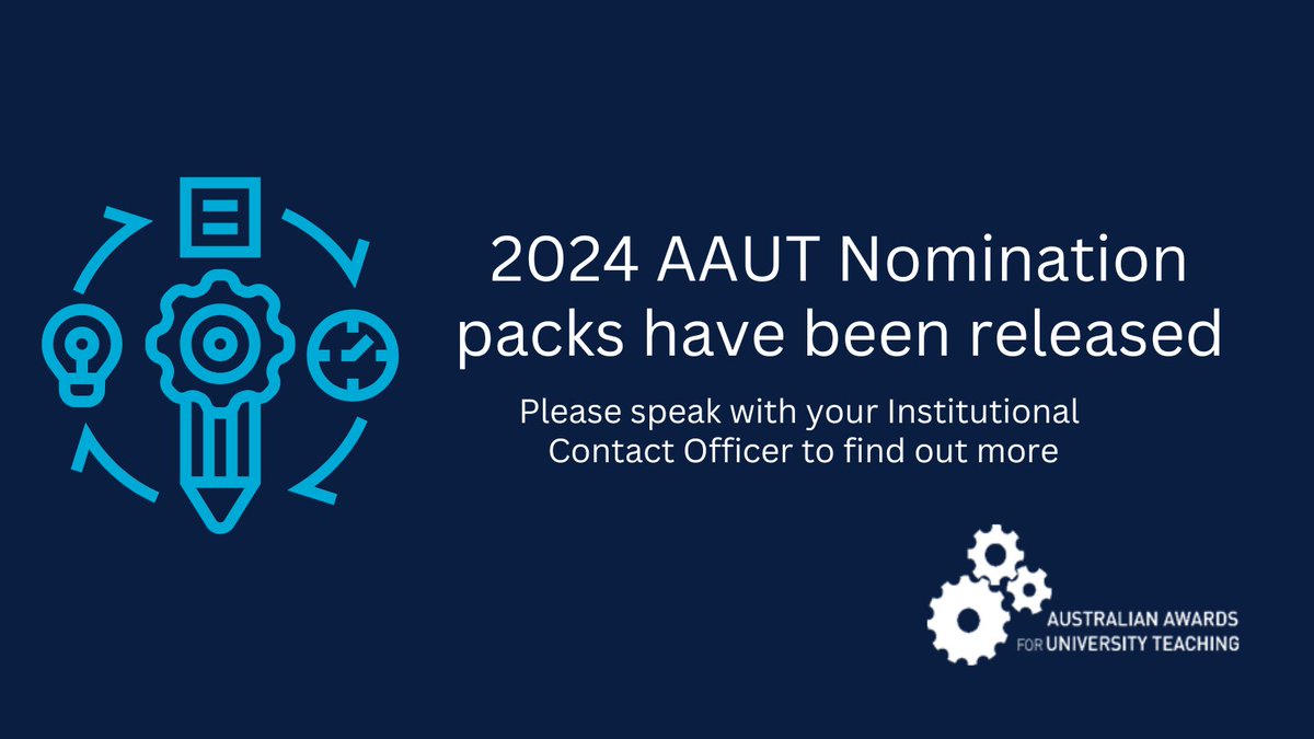 Nomination packs for the 2024 Australian Awards for University Teaching have now been released! 🎓Chat to your ICO to find out about the nomination process at your institution #AAUT #HigherEd #TeachingExcellence 🏆📚bit.ly/3QwDnU7
