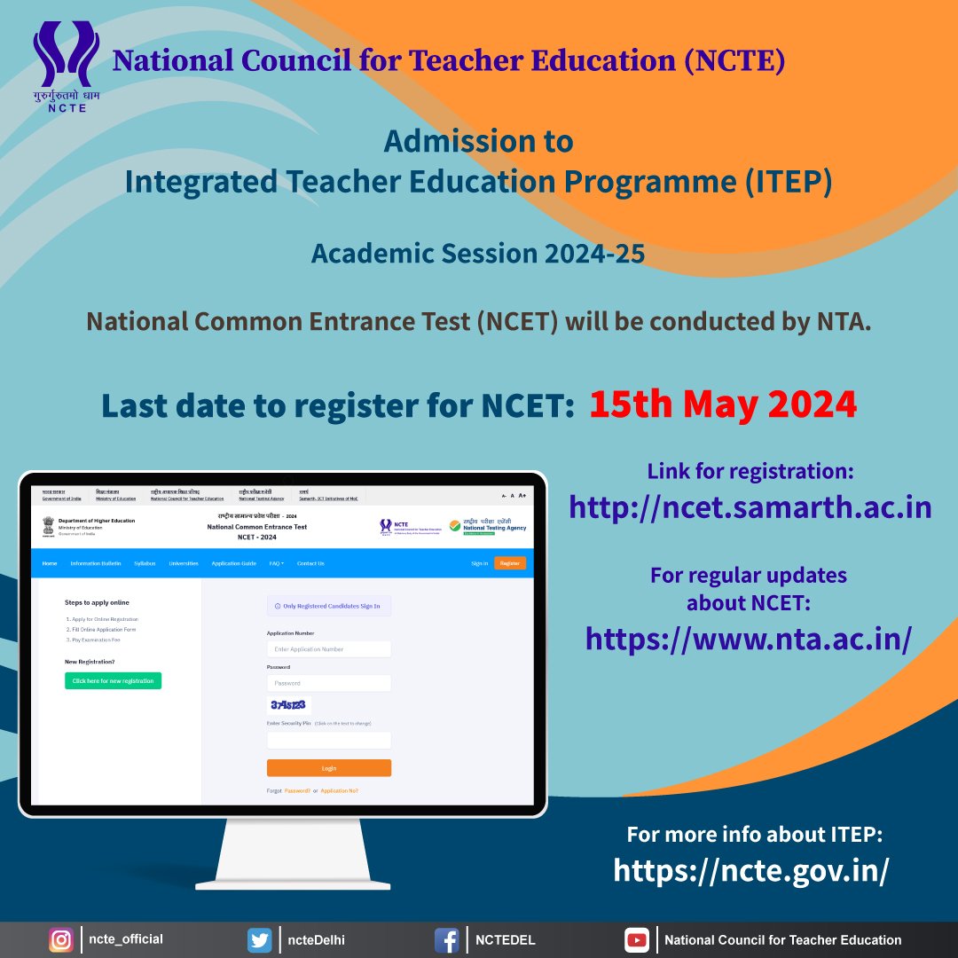 #NCET2024: All teaching aspirants, take note‼️ Online application window of submission for National Common Entrance Test (#NCET) to apply for Integrated Teacher Education Programme (#ITEP) is open. Extended Date for #NCET: 1⃣5⃣ May 2024 For submission: ncet.samarth.ac.in
