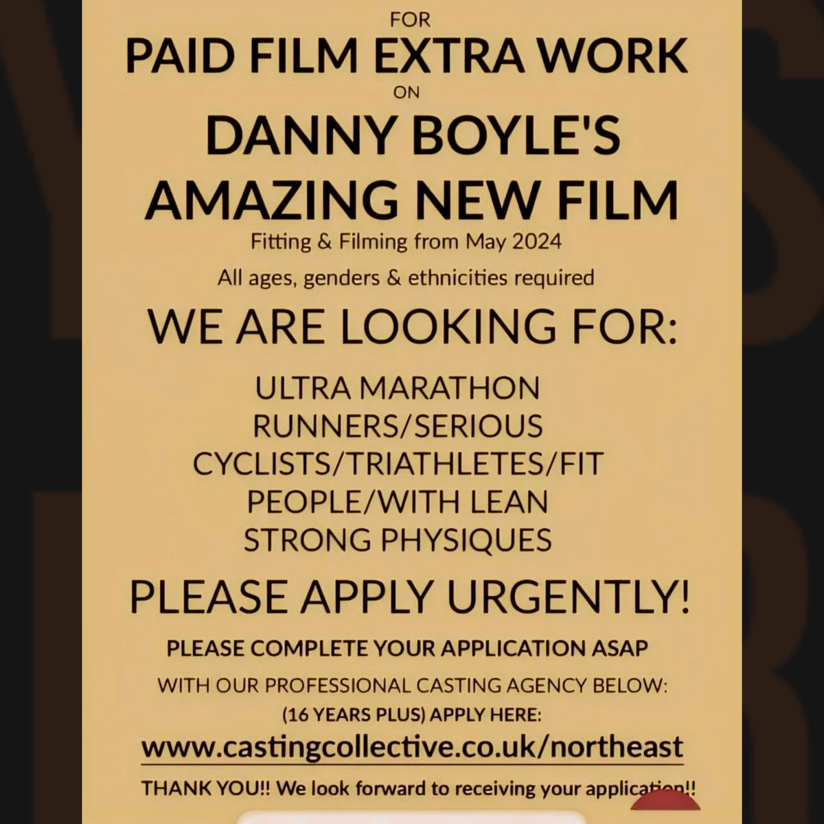 Urgent Casting Calls! 🇬🇧 seeking athletic extras!
Danny Boyle's '28 Years Later' begins filming in May.
castingcollective.co.uk/northeast

#28dayslater #28weekslater #28yearslater