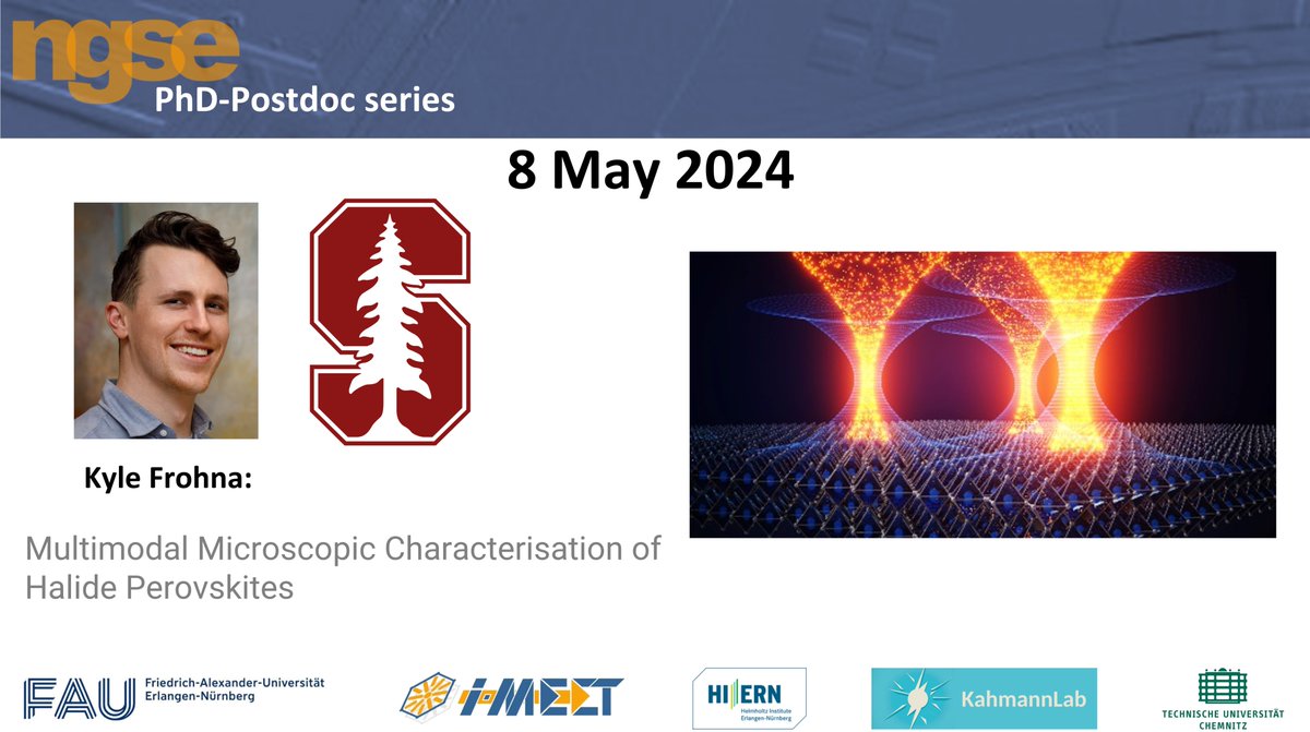 Join us at 5pm CET on Wednesday for the next @NGSE_conf seminar with @KFrohna from @Stanford, formerly @StranksLab @Cambridge_Uni, on the power of multimodal microscopy 🔬 in the realm of halide perovskites. More info and sign up link can be found here: ngse.info/phd-postdoc-se…