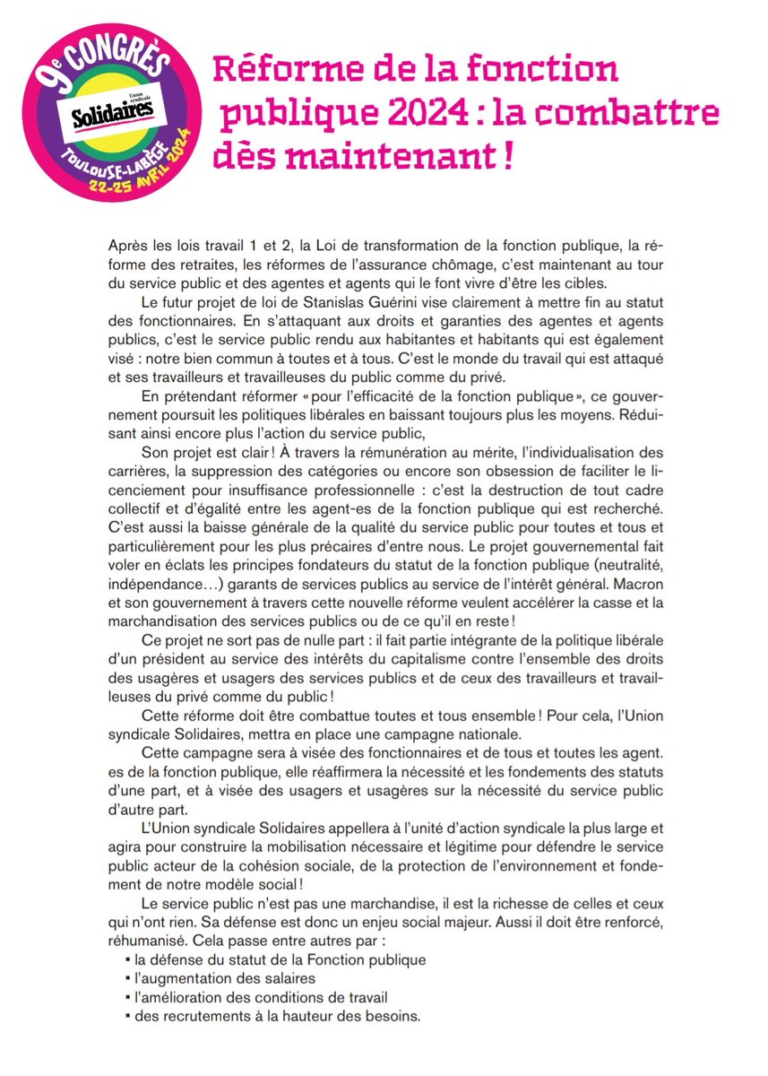 Réforme de la fonction publique 2024 : la combattre dès maintenant ! Motion adoptée au 9ème congrès de Solidaires. ✊L’Union syndicale Solidaires appelle à l’unité d’action syndicale la plus large pour construire la mobilisation nécessaire pour défendre le service public !