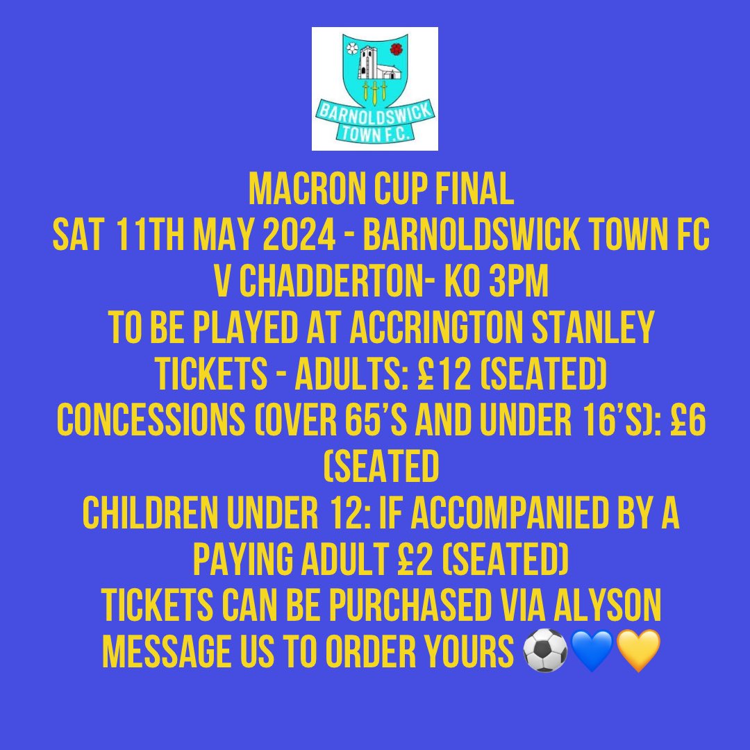 Happy Bank Holiday Monday Sewer supporters how are you all? It’s finally Final Week. On Saturday we travel to Accrington Stanley to face @ChaddertonFC in the Macron Cup final who is coming with us? Tickets are still available so if anyone would like one plz message us ⚽️💙💛