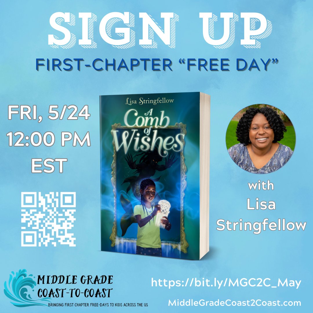 Hooray for another FIRST CHAPTER FREE-DAY and a giveaway! Join me on Friday, 5/24 at 12:00 PM EST for a reading of my MG fantasy, A COMB OF WISHES 🧜🏾‍♀️ #Teachers & #Librarians sign up via our Google Form. bit.ly/MGC2C_May @MGCoast2Coast #readaloud #kidlit #amreading 1/2