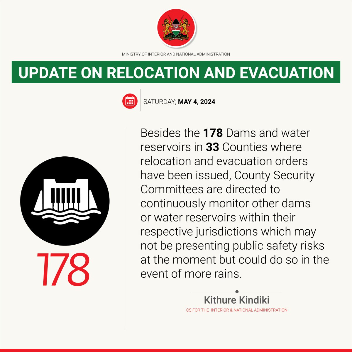 With a focus on dignity and compassion, Interior Cabinet Secretary Kithure Kindiki instructs security agencies to conduct relocations and evacuations in an orderly and humane manner, ensuring respect for the affected persons.

#MitigatingFloodsEffects