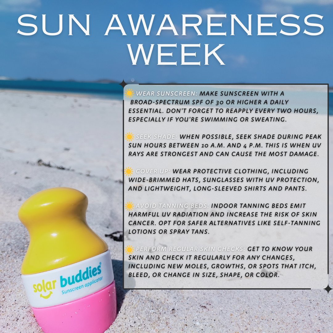 ☀️ Embrace the sun safely! It's Sun Awareness Week—let's shine a light on sun protection and skin health. 🕶️ #SunProtection #SkinHealth #SunSafety #HealthySkin #SunCare #SunscreenTips #UVProtection #SunSmart #ProtectYourSkin #SunAwarenessWeek #solarbuddies