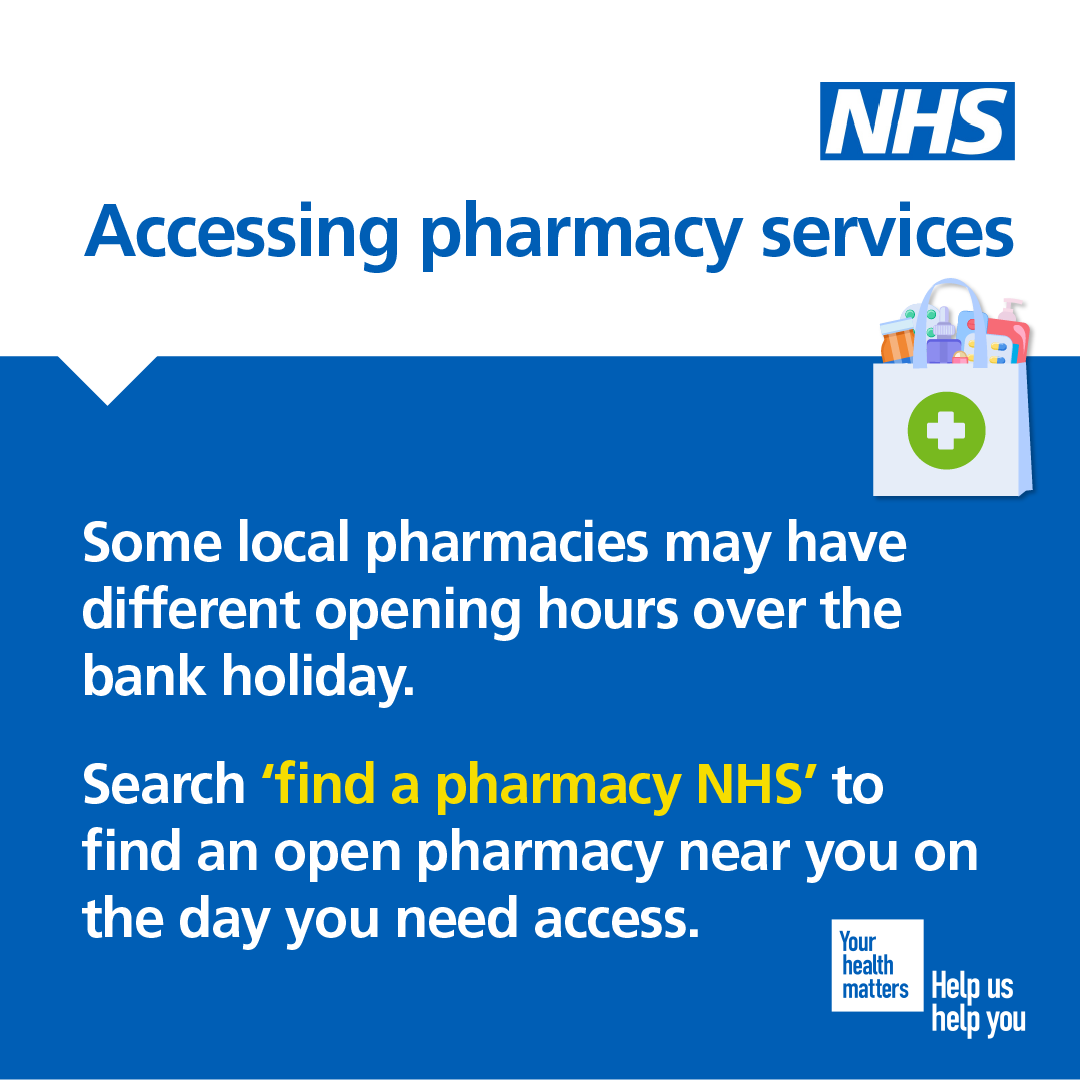 Some local pharmacies in London may have different opening hours over the early May bank holiday. To find an open pharmacy near you, visit nhs.uk/service-search…