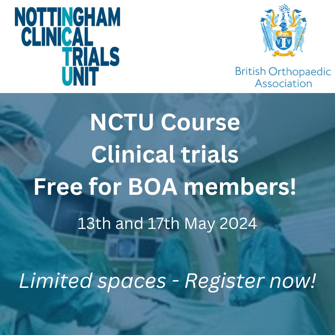 FREE FOR BOA MEMBERS!! Register now! @nottingham_CTU is offering an amazing course on the Fundamentals of Clinical Trials from 13th-17th May. Find out more and apply at boa.ac.uk/NCTU-research-… #orthotwitter