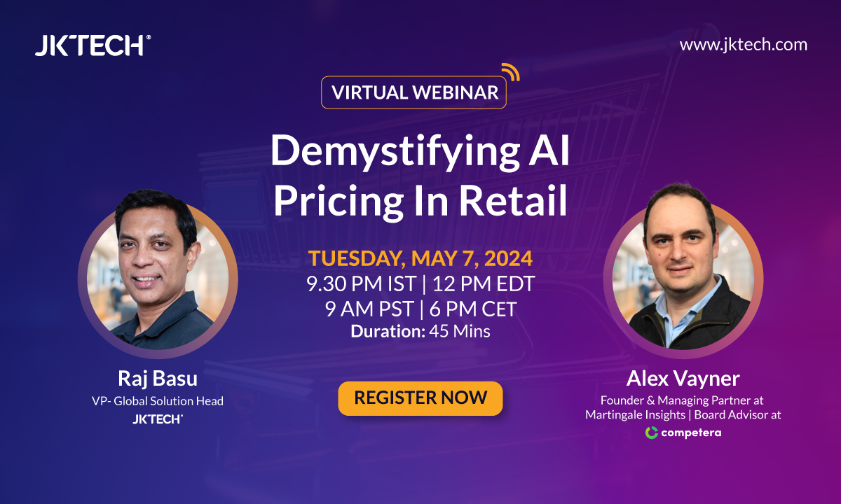 Get Ready to Witness Electrifying Virtual Webinar on AI Pricing In Retail!

Join us to gain valuable insights into AI-driven pricing strategies.

Secure Your Spot Now:jktech.com/demystifying-n…

#jktech #jktechuk #jktechus #AI #Innovation#RetailInnovation #AIinRetail #SmartPricing