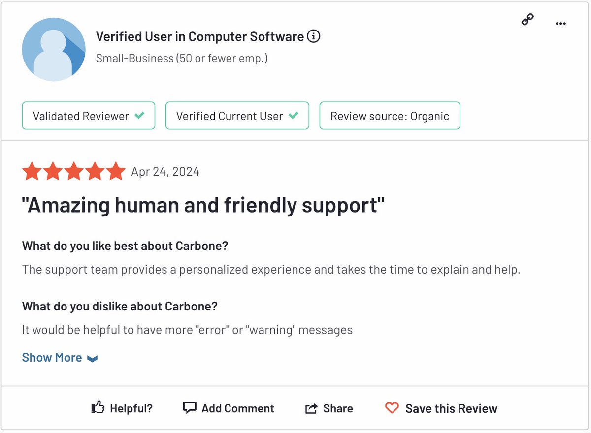 Here are recent glowing reviews of Carbone on G2.com 🎉 We're incredibly grateful to our current customers and users for their continued support and trust in Carbone, and the team continues to build the best possible reporting solution. Good Monday! 🍻