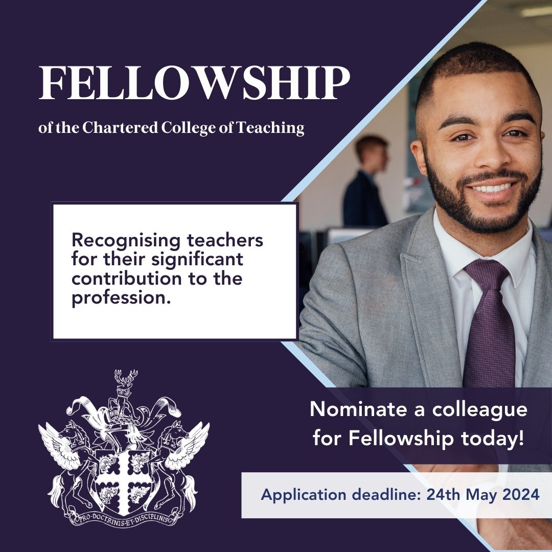 Fellowship is the highest grade of membership at the Chartered College of Teaching, and is awarded to those who have made a significant contribution to the teaching profession. 📅 Upcoming Fellowship deadline: Friday 24th May Find out more:chartered.pulse.ly/ajtwsxlf70 #Fellowship