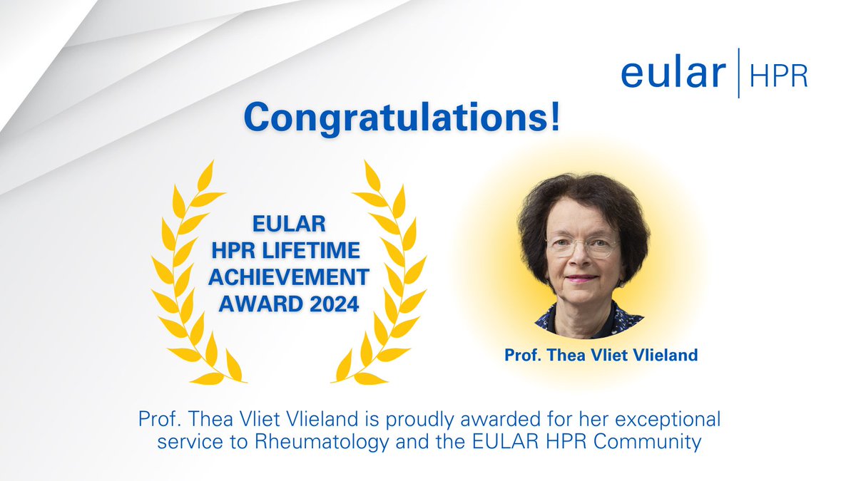 📢We are pleased to announce that Prof. Thea Vliet Vlieland has been awarded the esteemed EULAR Health Professionals in Rheumatology Lifetime Achievement Award 2024. 🤲Register to the EULAR 2024 Congress here: pulse.ly/gjgut5ti4y #EULAR2024