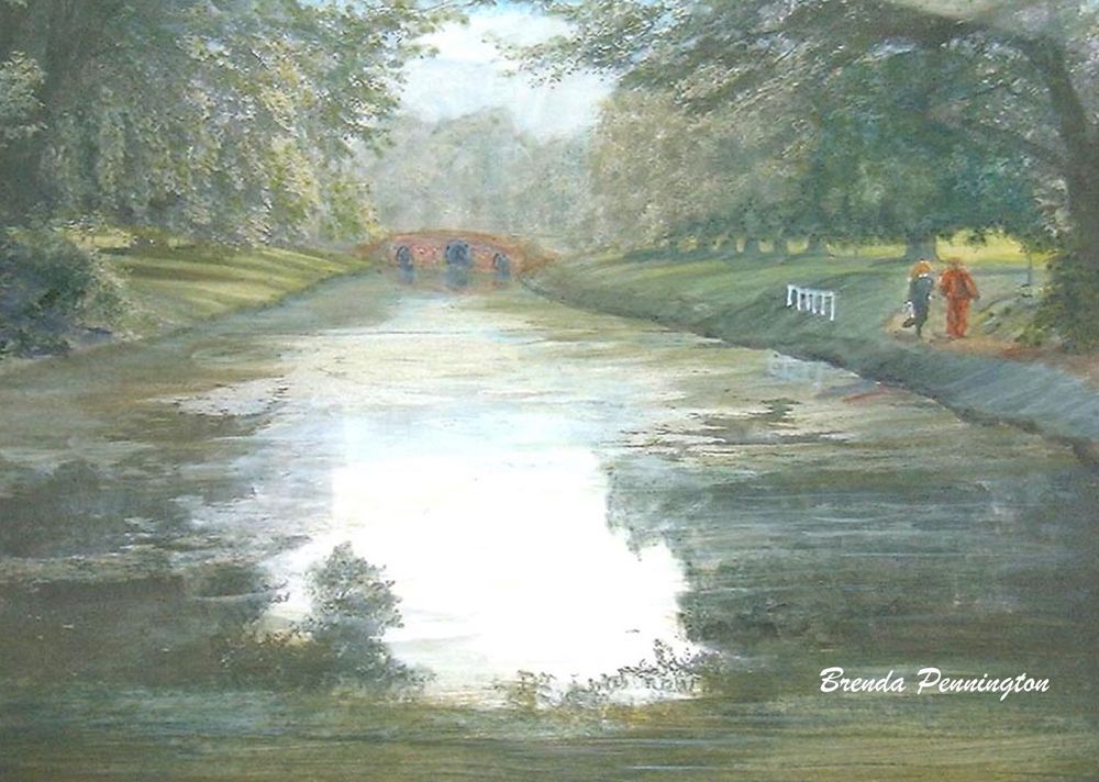 Monday Art Day. Shared with the museum as part of the Wandle Art Festival in 2021 this painting by Brenda Pennington shows the Grotto in Carshalton Park and the Wandle . This channel in the park flowed down to the High Street where it was diverted to the left and right.