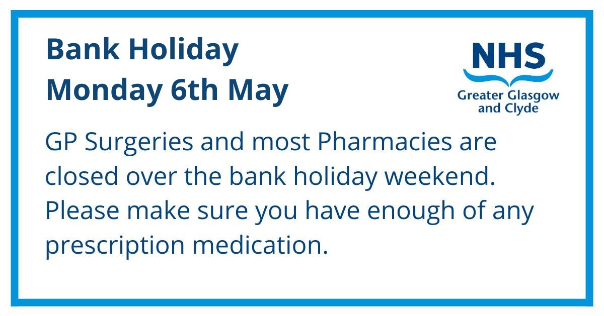 Many pharmacies will be closed today for the Bank Holiday. To find out who to turn to and what pharmacies are opened visit nhsggc.scot/your-health/ri… #RCRP #NHSGGC