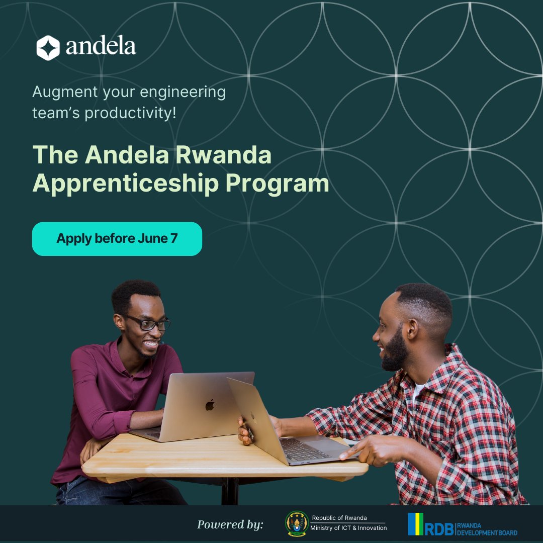 Andela (@andela) on Twitter photo The <a href="/AndelaRwanda/">Andela Rwanda</a> Apprenticeship Program is back! Do you want to augment your team with skilled software Engineers? Expand your tech team today! Apply now: rwanda.andela.com/?utm_medium=so… Application deadline: June 7th #ATLP #StaffAugmentation The <a href="/AndelaRwanda/">Andela Rwanda</a> Apprenticeship Program is back! Do you want to augment your team with skilled software Engineers? Expand your tech team today! Apply now: rwanda.andela.com/?utm_medium=so… Application deadline: June 7th #ATLP #StaffAugmentation