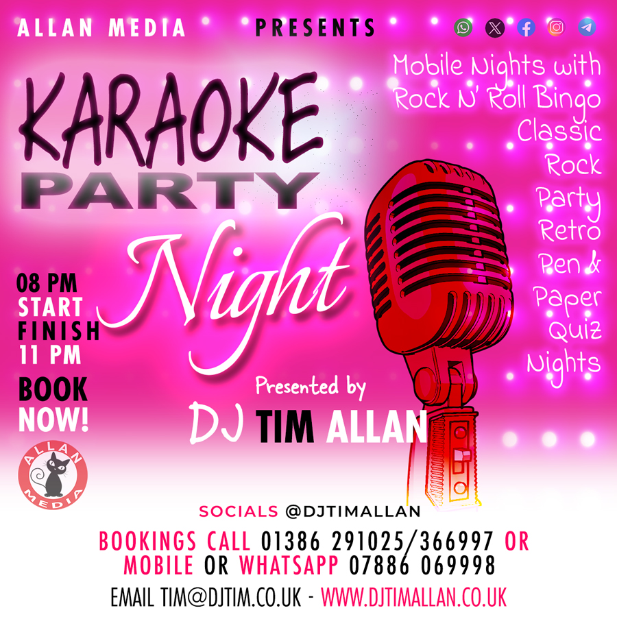 🎤 Karaoke Party Night 🗓️ 2024 Dates available BOOK NOW!👀 🎤 Mobile & Radio DJ – Events, Pubs & Parties 🎶 Karaoke & Event Announcer ☎️ 01386291025/366997 📱 Mobile 💬 WhatsApp 07886069998 ➡️ Socials @djTimAllan 📩 tim@djTim.co.uk 🌐 allanmedia.co.uk/2024/01/29/kar…