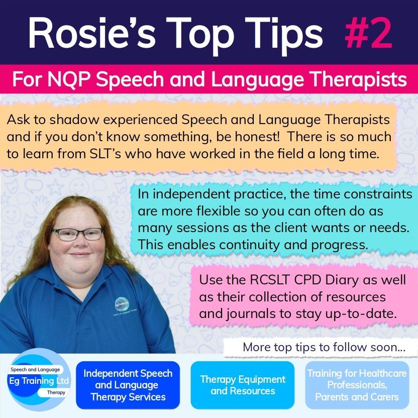 Here is Rosie with her 2nd set of 'Top Tips' for #NQP #speechandlanguage therapists. In case you missed the previous post, then Rosie recently completed her NQP competencies and is now fully qualified! Rosie hopes these tips will help others on their #SLT2B journey.

@SLTatBCU