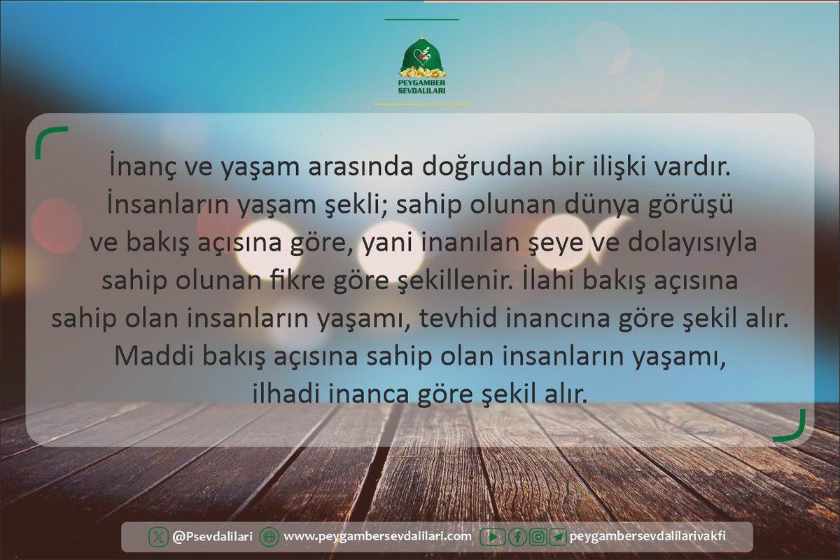 İnanç ve yaşam arasında doğrudan bir ilişki vardır. İnsanların yaşam şekli; sahip olunan dünya görüşü ve bakış açısına göre, yani inanılan şeye ve dolayısıyla sahip olunan fikre göre şekillenir. İlahi bakış açısına sahip olan insanların yaşamı, tevhid inancına göre şekil alır.