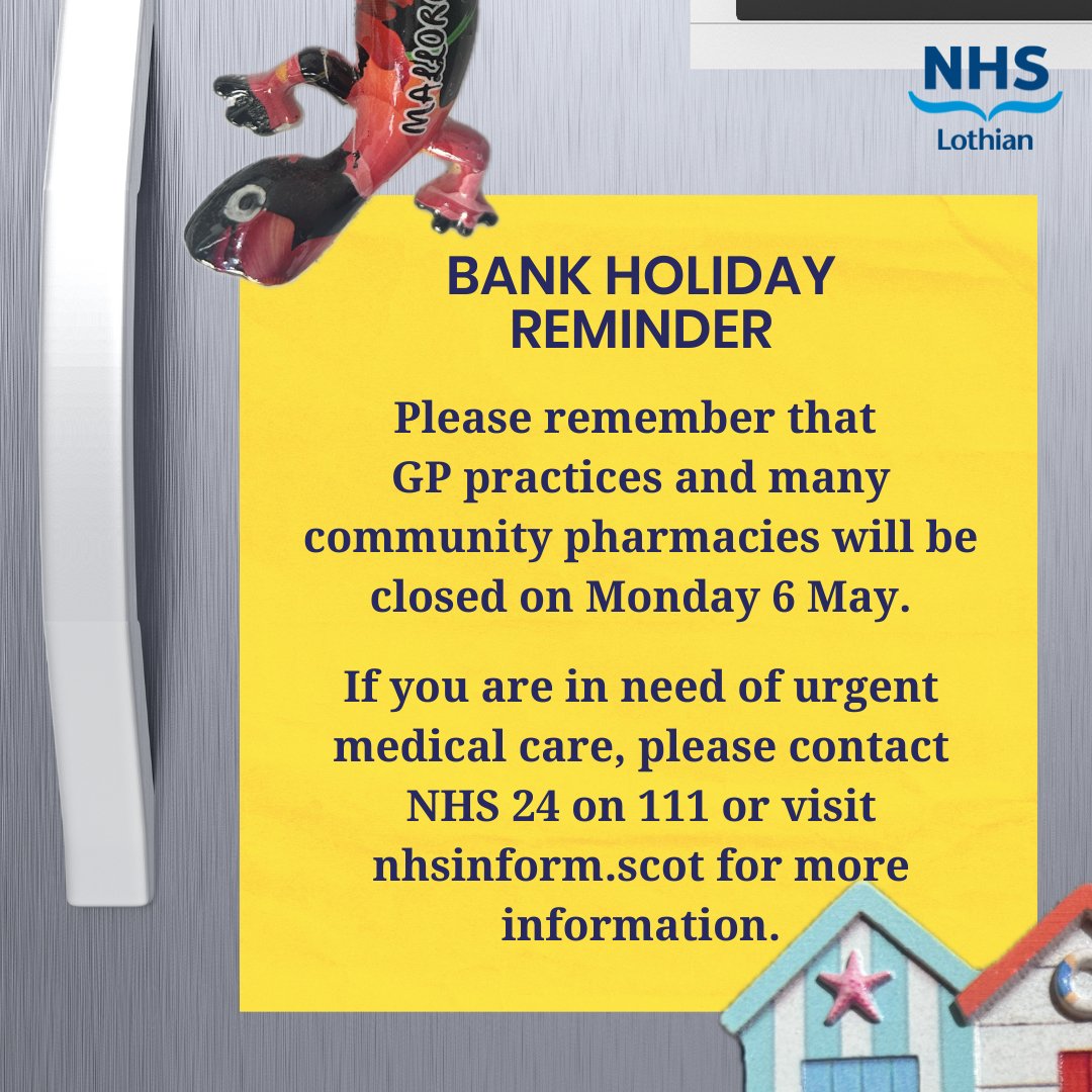 ⚠️ GP practices and many community pharmacies won't be available today (Monday 6 May). If you need urgent medical care contact NHS 24 on 111 📱 For more information visit ow.ly/Zscz50R1k8K