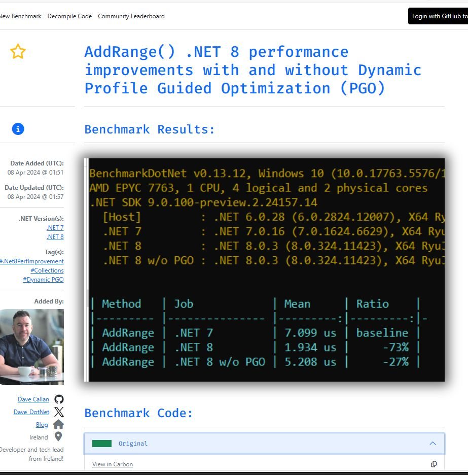 .NET 8 AddRange Perf Improvement  🚀

The performance of AddRange() improved dramatically in .NET 8. In the benchmark below I saw 73% perf boost, wow. 

We can see most of the impact comes from Dynamic PGO which is turned on by default in .NET 8.

Benchmark link below  ⬇️
#dotnet