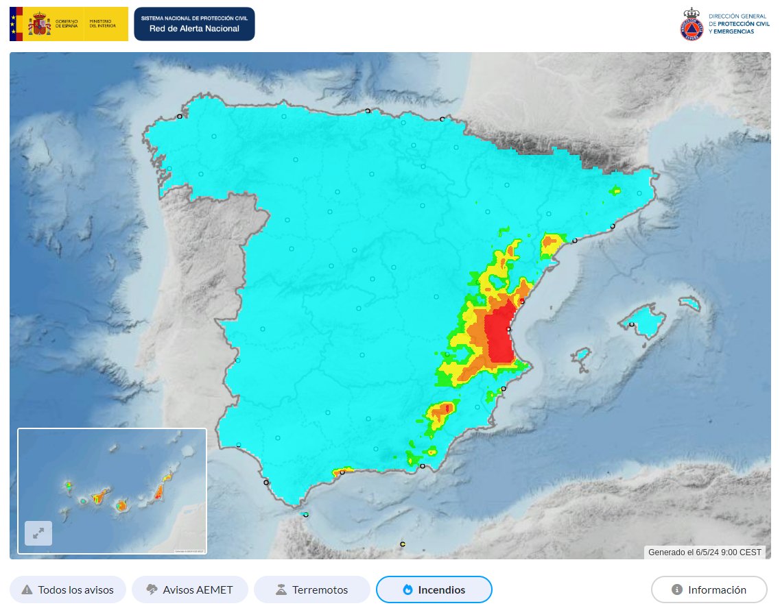 🗓️6/5/2024 Situación avisos @AEMET_Esp 🌧️⛈️🟨Zonas de Cataluña, Aragón y C. Valenciana 🔥🔴Riesgo de #IIFF muy alto/extremo en zonas del este peninsular y de Canarias Recomendaciones de @proteccioncivil @interiorgob 👉bit.ly/30vJTTG Avisos👉ran-vmap.proteccioncivil.es