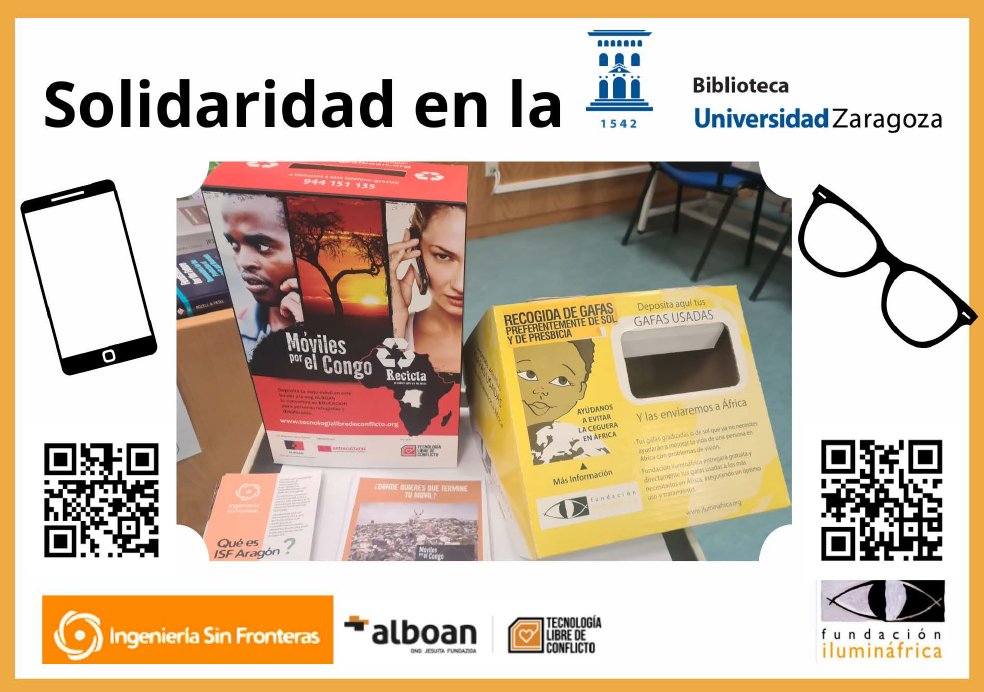 📢Hoy comienza en <a href="/Bhypatiaunizar/">Biblioteca Hypatia</a> la "Recogida solidaria de gafas y móviles en las bibliotecas de la Universidad de Zaragoza" 📲 
¡Súmate! <a href="/ceeina_unizar/">Consejo de Estudiantes EINA</a> de <a href="/EINAunizar/">EINA Unizar</a> 
🖍️Puedes hacer tu entrega en el mostrador de préstamo de la Biblioteca Hypatia
🔗acortar.link/7SZr27