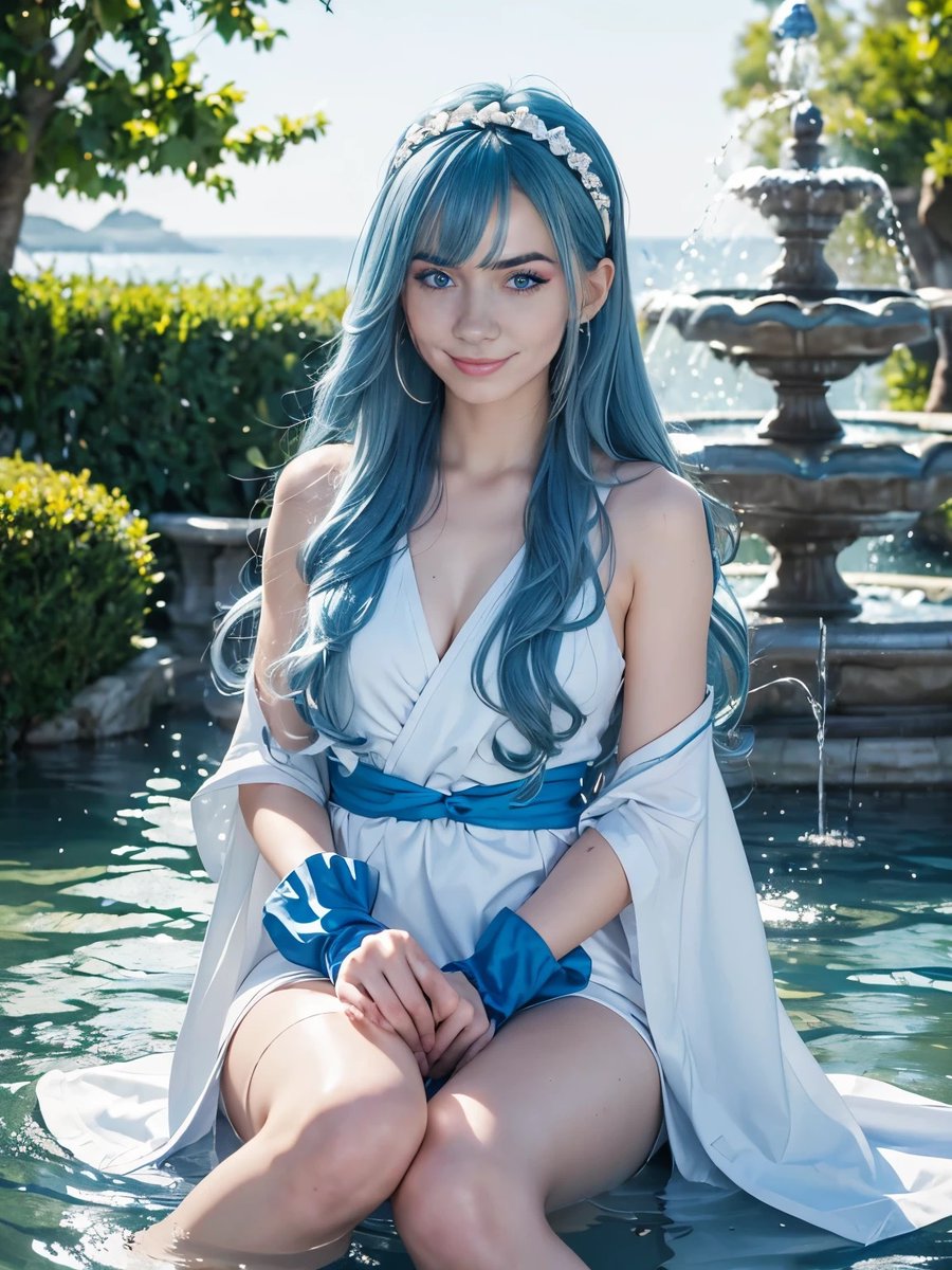 Transforming into my favorite character by the soothing water fountain 💫🎭 #cosplay #waterfountainfun #transformationstation #ai #styleinfluencer #blue #bluehair #blueeyes #cosplaygirl #cosplayer #girl #water #fountain #digital #wet