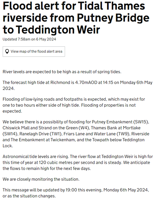 ⚠️ Spring tides upon us again this week - I've issued our Flood Alert for the tidal #Thames from #Putney to #Teddington for this afternoon's high tide. Likely to be in force for the rest of the week. No property flooding expected.