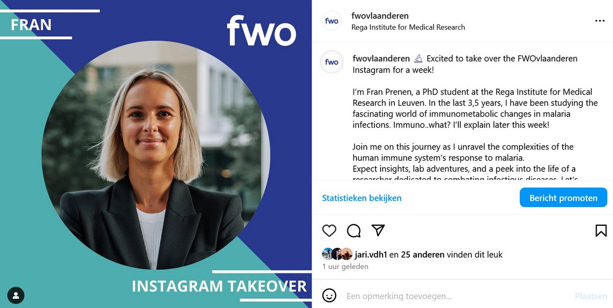 Deze week neemt Fran Prenen @KU_Leuven @RInstituut onze instagram over. Ze neemt je mee in de fascinerende wereld van immunometabolische veranderingen bij malaria-infecties 🦟 Volg haar avonturen op onze instagram pagina instagram.com/fwovlaanderen/