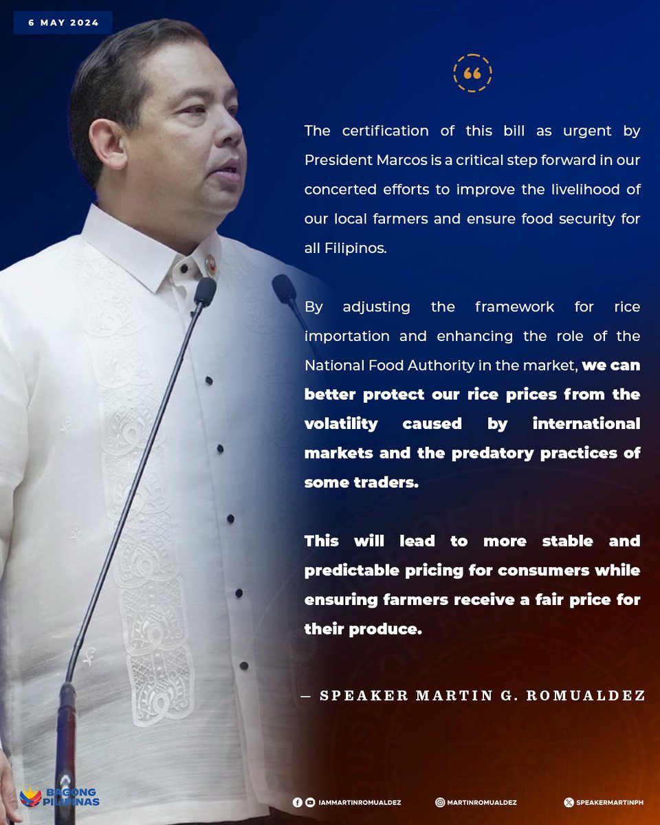 Read full story:
tinyurl.com/y5h87eum

#PBBM #RiceTarifficationLaw #RA11203 #MartinRomualdez #19thCongress #LiderNgKongreso