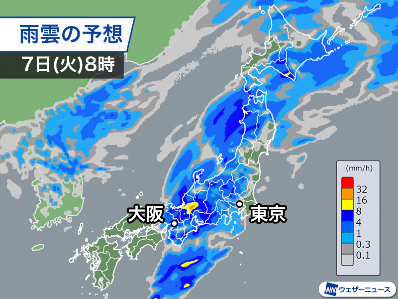 ＜GW明けの通勤・通学時に雨＞ 連休明けとなる明日7日(火)の通勤・通学時間帯は、近畿から関東、北日本は本降りの雨の所が多くなります。 沿岸部では風も強く横殴りの雨になる見込みです。 weathernews.jp/s/topics/20240…