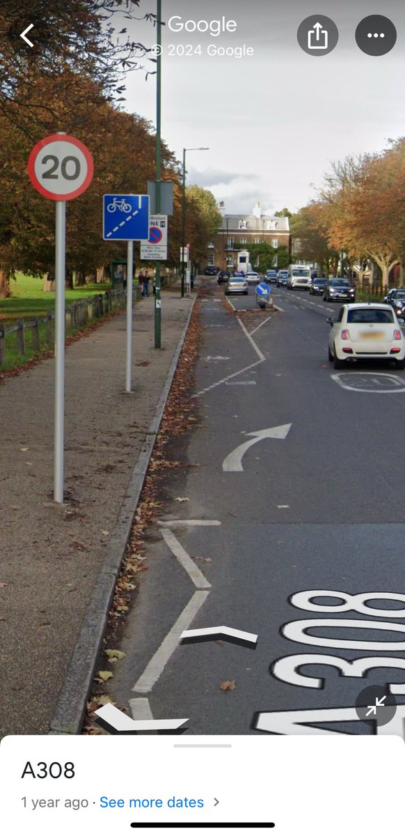 #shitcyclelanes A308, Hampton Court Way (North over Hampton Court bridge, just over the roundabout). Here we have a floating bus stop and also the risk of being doored from the RIGHT; and poor drainage.