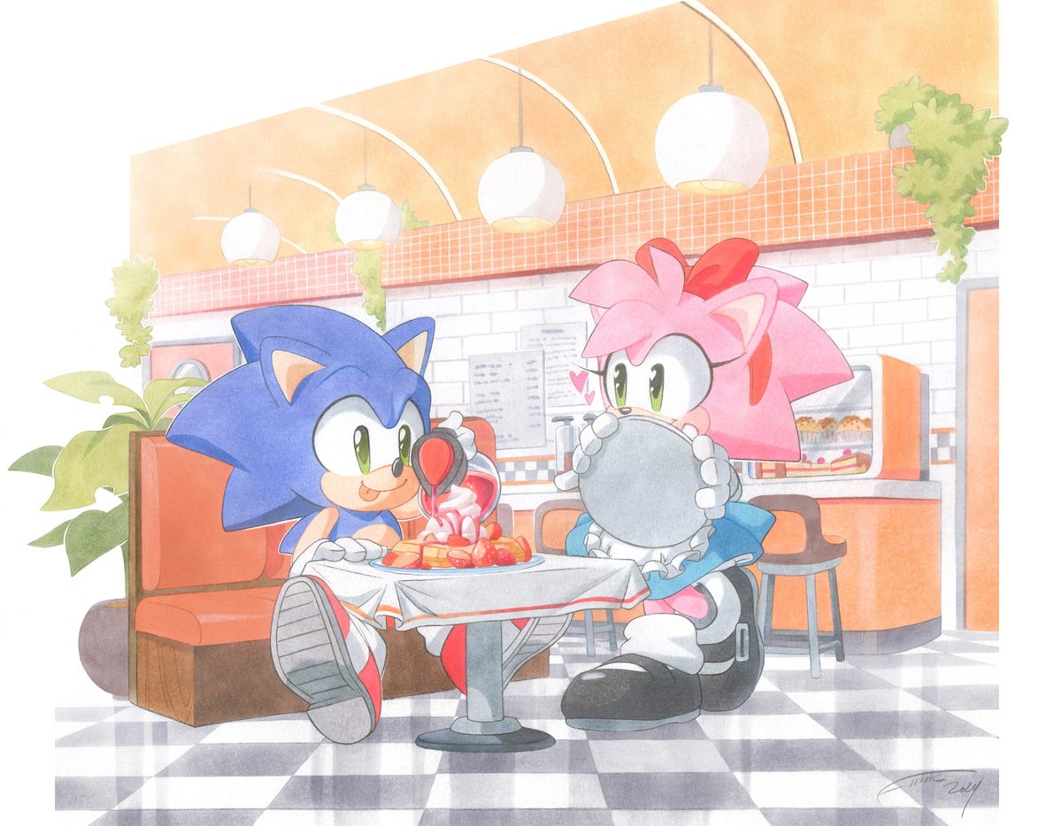 Art @Finik_sempai Amy is wearing her Retro Diner Style outfit from Sonic Superstars as she serves Sonic her Sweet Strawberry Delight from IHOP's menu.