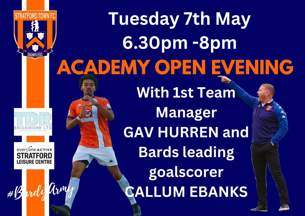 Stratford Town FC offers full time Football and Education for girls and boys. For more details about our Open Evening on Tuesday 7th May, with 1st Team Manager Gav Hurren and top goalscorer, Callum Ebanks contact us on 07719018878 or academy@stratfordtownfc.co.uk