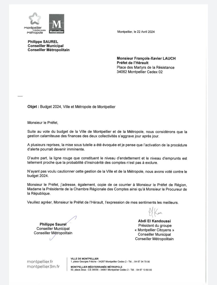 ▶️ En complément de l'encart @MLMontpellier, voici la lettre adressée à mr le @Prefet34 alertant une fois encore les autorités sur la gestion financière calamiteuse des Ville & Métropole #Montpellier @AbdiElkandoussi @crcoccitanie @PrefetOccitanie @montpellier_ @Montpellier3m