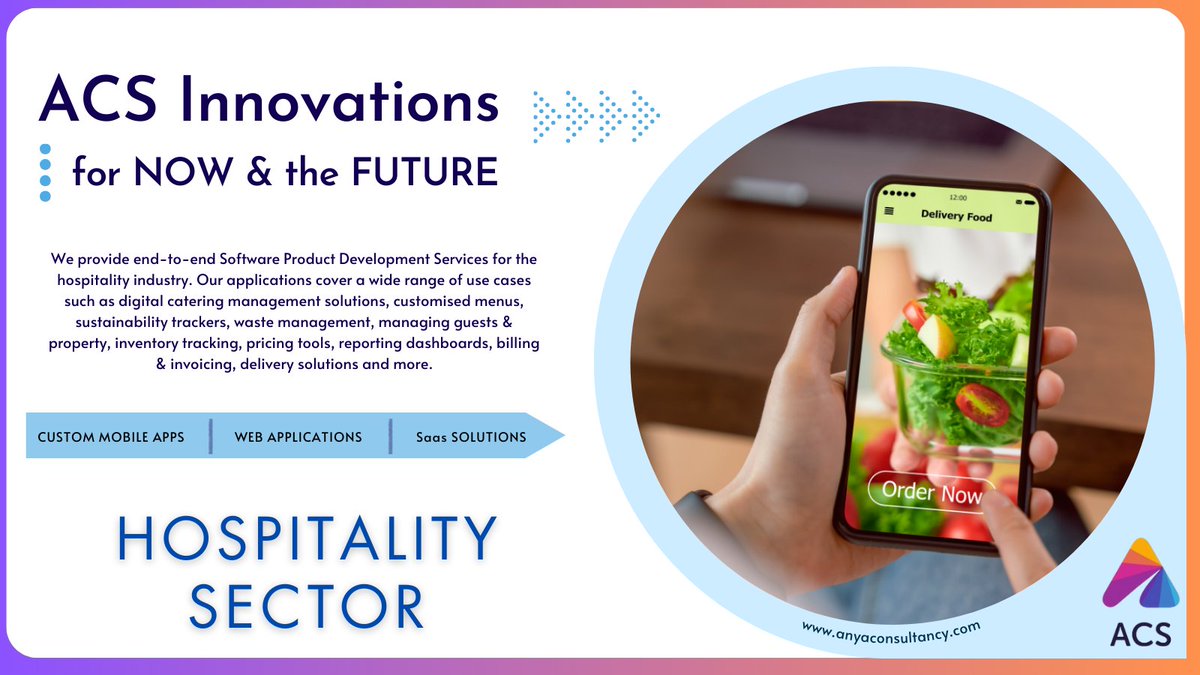 Elevate your #hospitality & food business with our end-to-end #softwaredevelopment services. From table reservations to food delivery, #ACS has got you covered! 

#HospitalityTech #SoftwareDevelopment #CateringManagement #FoodBusiness #DigitalMenu #SaaS #MobileApp #wednesday
