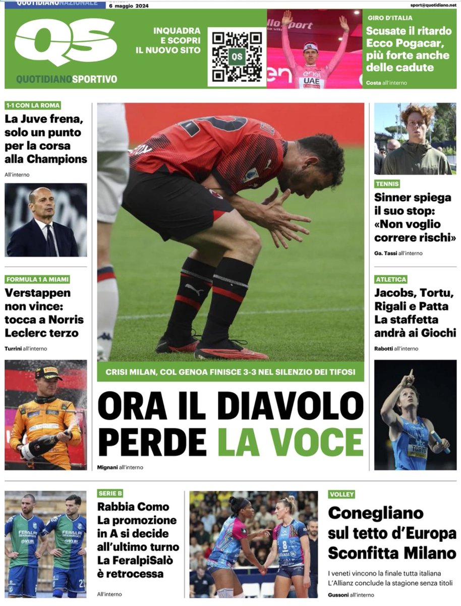 4 quotidiani sportivi nazionali.
2 non trattano niente.
1 tratta in due trafiletti distinti sia #TrentinoItas che Conegliano.
1 tratta solo #Conegliano(che è comunque una conquista).
E ricordiamolo: QUOTIDIANI SPORTIVI🤦🏻‍♀️