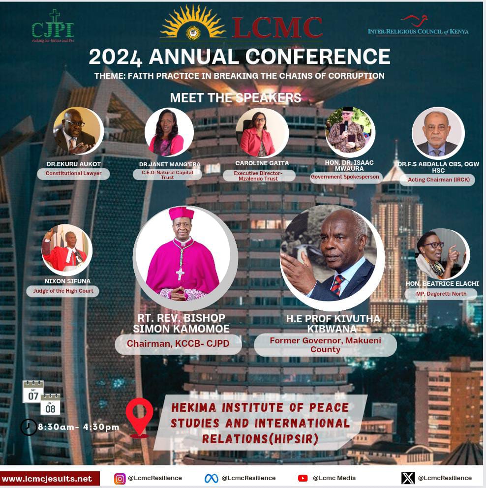 🗣️🗣️1 Day to go!! The LCMC Annual Conference 2024 is here! The Inter-Religious Council of Kenya @irck_info in collaboration with @LcmcResilience and @CJPDKENYA is holding the #LcmcConference2024 themed 'Faith Practice in Breaking the Chains of Corruption'. 📅 7th and 8th May