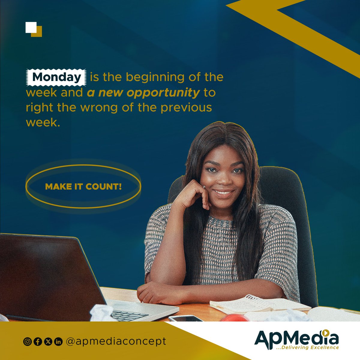 Happy New Week Family...
It's Monday, make every attempt to right the wrongs of last week and decide to diligently work at it.

Cheers!

#apmedia #apmediaconcept #mondaymotivation #monday #design #creativearts #adobe #adobephotoshop #viral #viralpost