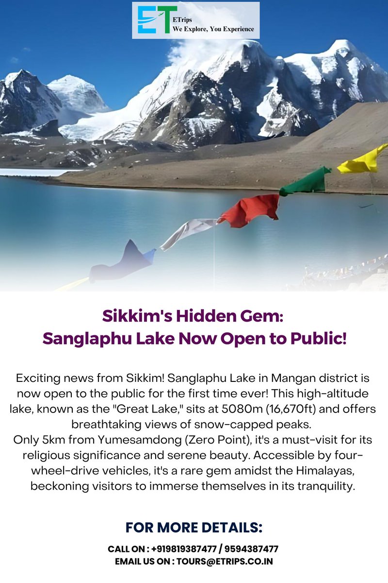 Sikkim's Hidden Gem: Sanglaphu Lake Now Open to Public!
#Sikkim #SanglaphuLake #GreatLake #Himalayas #NatureBeauty #TravelNews #ExploreSikkim #Etrips #Flightbooking #Hotelbooking #Tourpackage #Booknow #AdventureAwaits #HighAltitudeLake