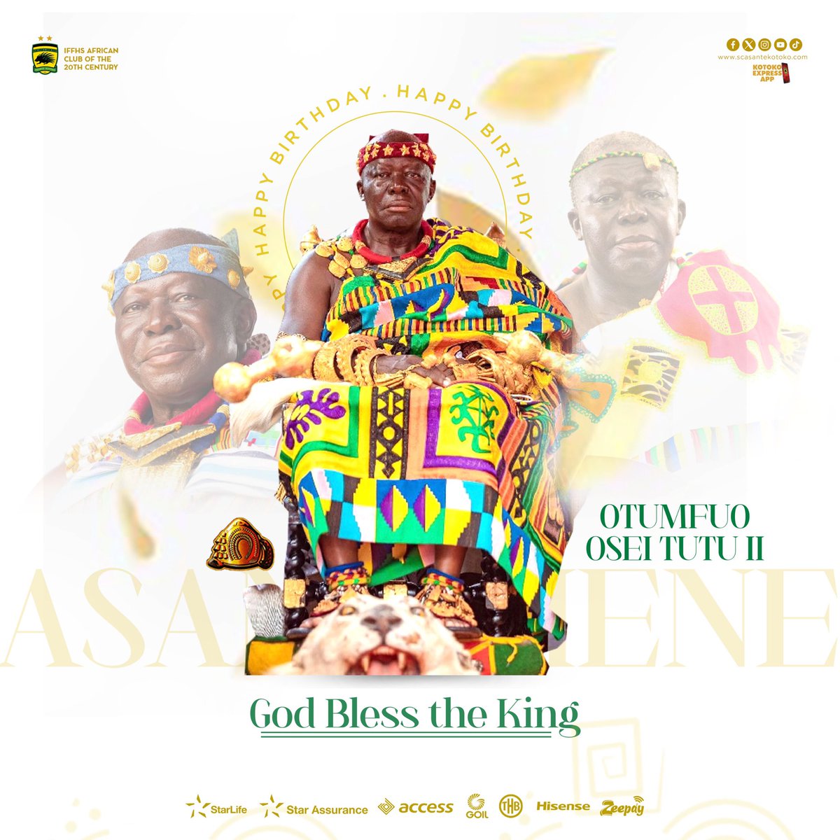 Royal Birthday wishes to our life Patron, The King of Ashanti Kingdom, His Royal Majesty Otumfuo Osei Tutu II.

Santehene wo nkwa so 🙌

Long live the King 👑 

#AKSC #Fabucensus #Kotoko4All