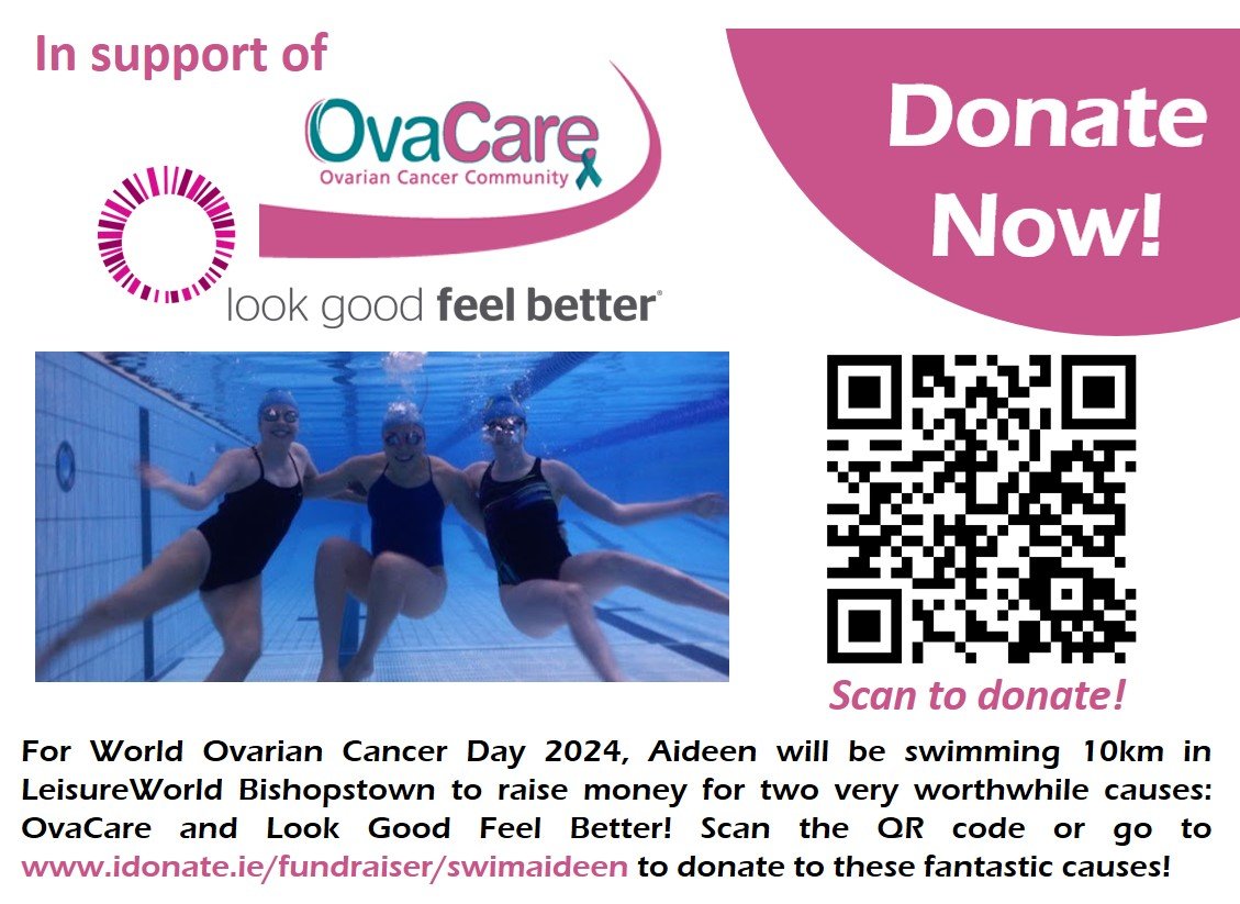 Today's the day! 3rd-year PhD student in my research group, Aideen McCabe, is swimming 10km to raise money for two ovarian cancer charities selected by our PPI partners! See below to donate - and updates here :) #WOCD2024 @OvaCare @lgfbireland