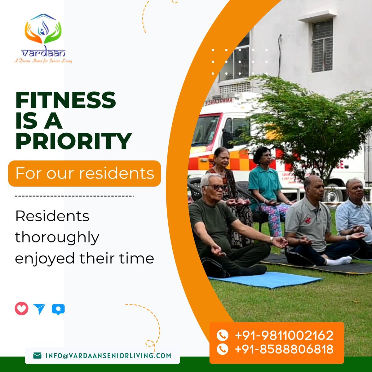 Fitness is a priority for our residents! 
For more details
Visit our website- vardaanseniorliving.com
Call @ 9811002162, 8588806818
or mail us at info@vardaanseniorliving.com

#Vardaanseniorliving #elderlycare #SeniorLivingIndia #seniorlivingcommunity #artctiveSeniorLiving