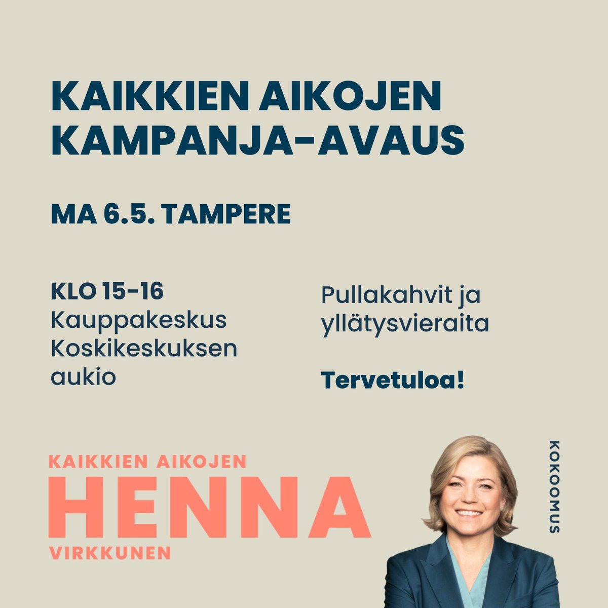 Tänään #Kaikkienaikojen -kampanjanavaus Tampereella klo 15. Mukana @IkonenAK @KiuruPauli @AleksiJantti @SofiaVikman. Tervetuloa mukaan! #KaikkienaikojenHenna #eurovaalit24