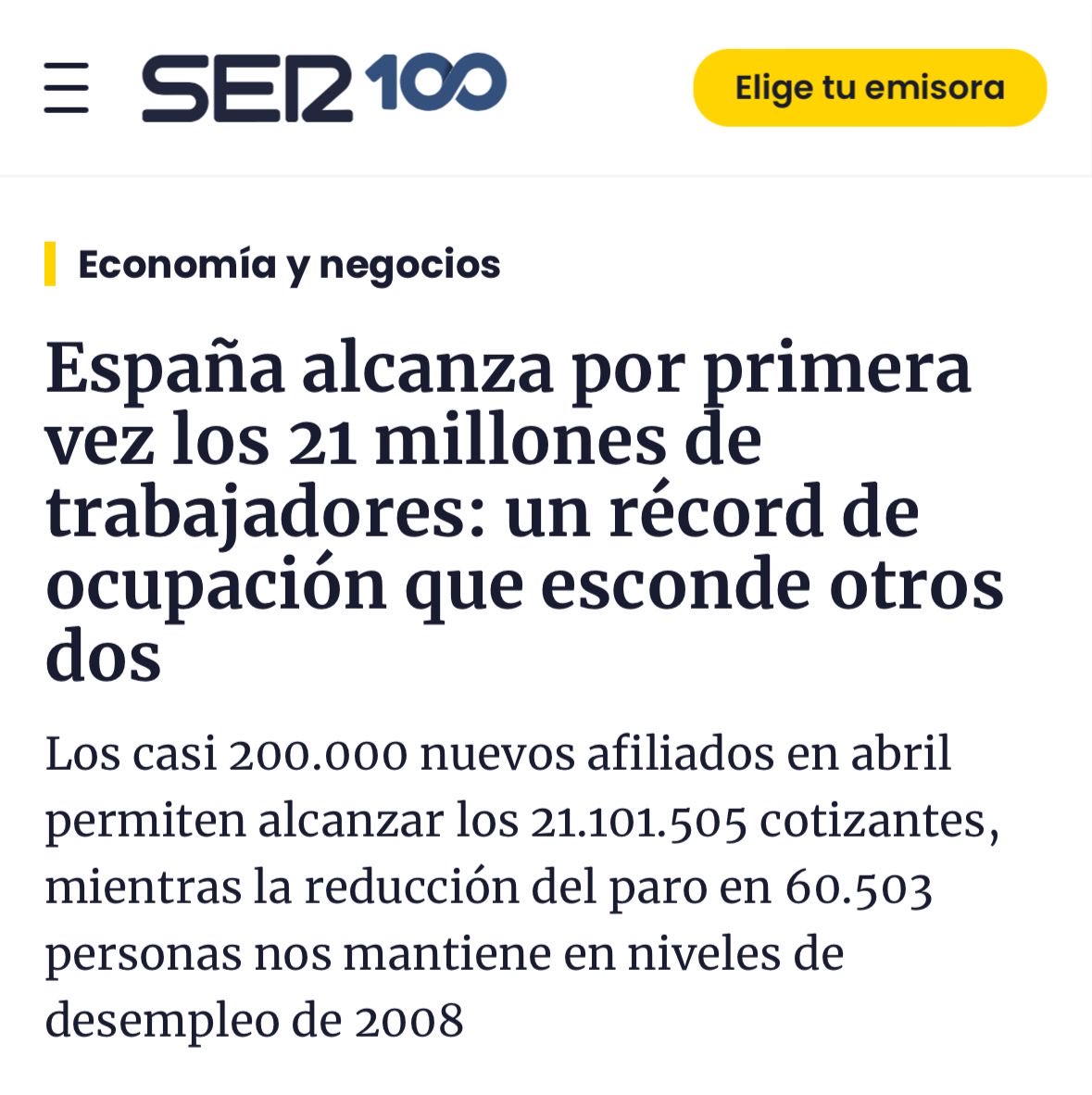 🗞️No hay mejor manera de empezar el día! España es de récord: ‼️✅El empleo bate récord histórico con más de 21 millones de afiliados a la Seguridad Social en abril. ✅El paro ⬇️ en 60.503 personas y se sitúa en 2,7 millones de personas, cifra más baja desde septiembre de 2008