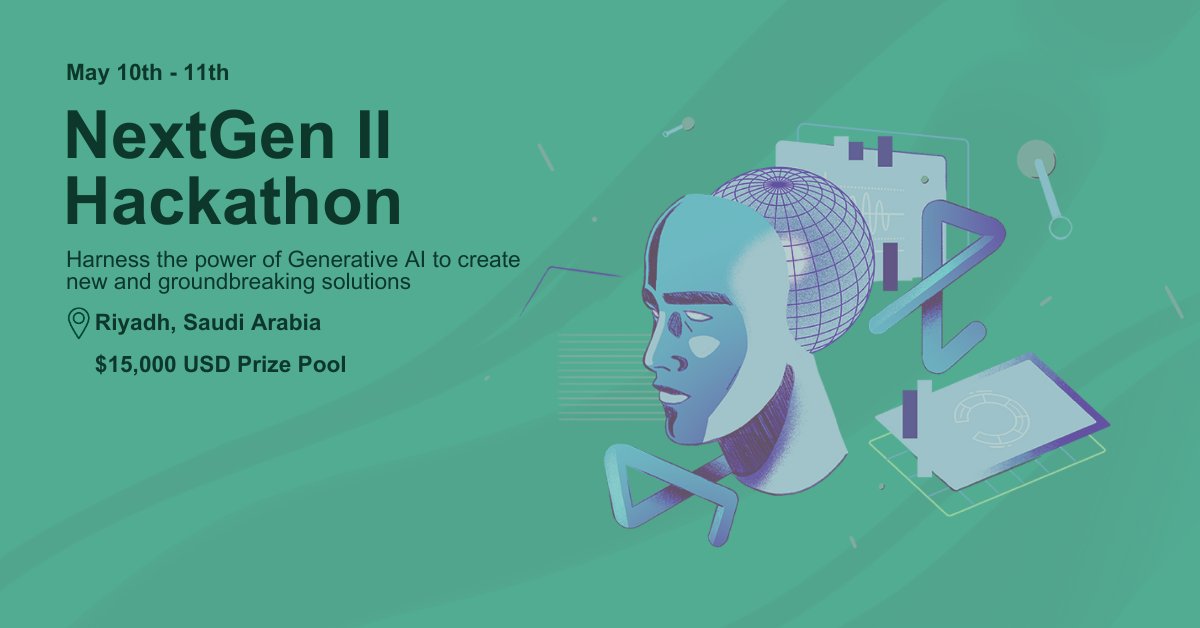 The countdown has begun for the NextGen Hackathon, and we can hardly contain our enthusiasm! 🎉  

📅 Mark your calendars: May 10th - May 12th 
📍 Location: Riyadh, Saudi Arabia
💰Compete for $15,000+ prize pool
🤖 Secure your spot now bit.ly/490nVXh

#NextGenHackathon