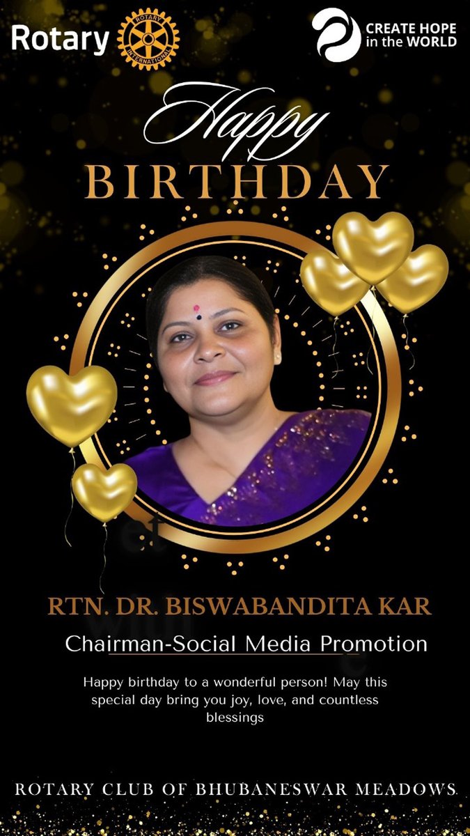 Happy Birthday, Dr. Biswa Bandita Kar! 🎉 Wishing you a day filled with joy, laughter, and all the happiness in the world. Your contributions to Rotary Club of Bhubaneswar Meadows are truly appreciated. Here's to another year of making a positive impact in our community.