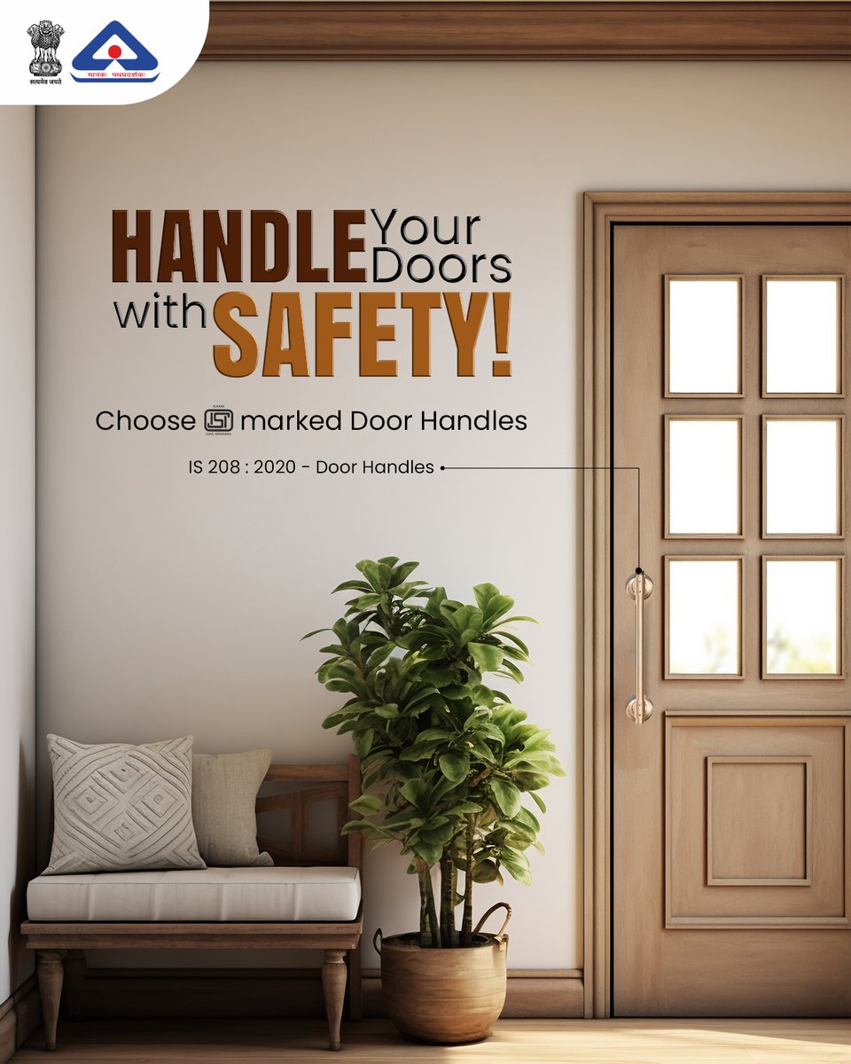IndianStandards's tweet photo. Someone said it right! Safety starts at the door.
Always look for IS 208:2020 to ensure safety and quality of your door handles.
@jagograhakjago @CimGOI @DPIITGoI
#BIS #ISIMark #DoorHandles #StandardsForAll https://t.co/0w0lY2pQw9