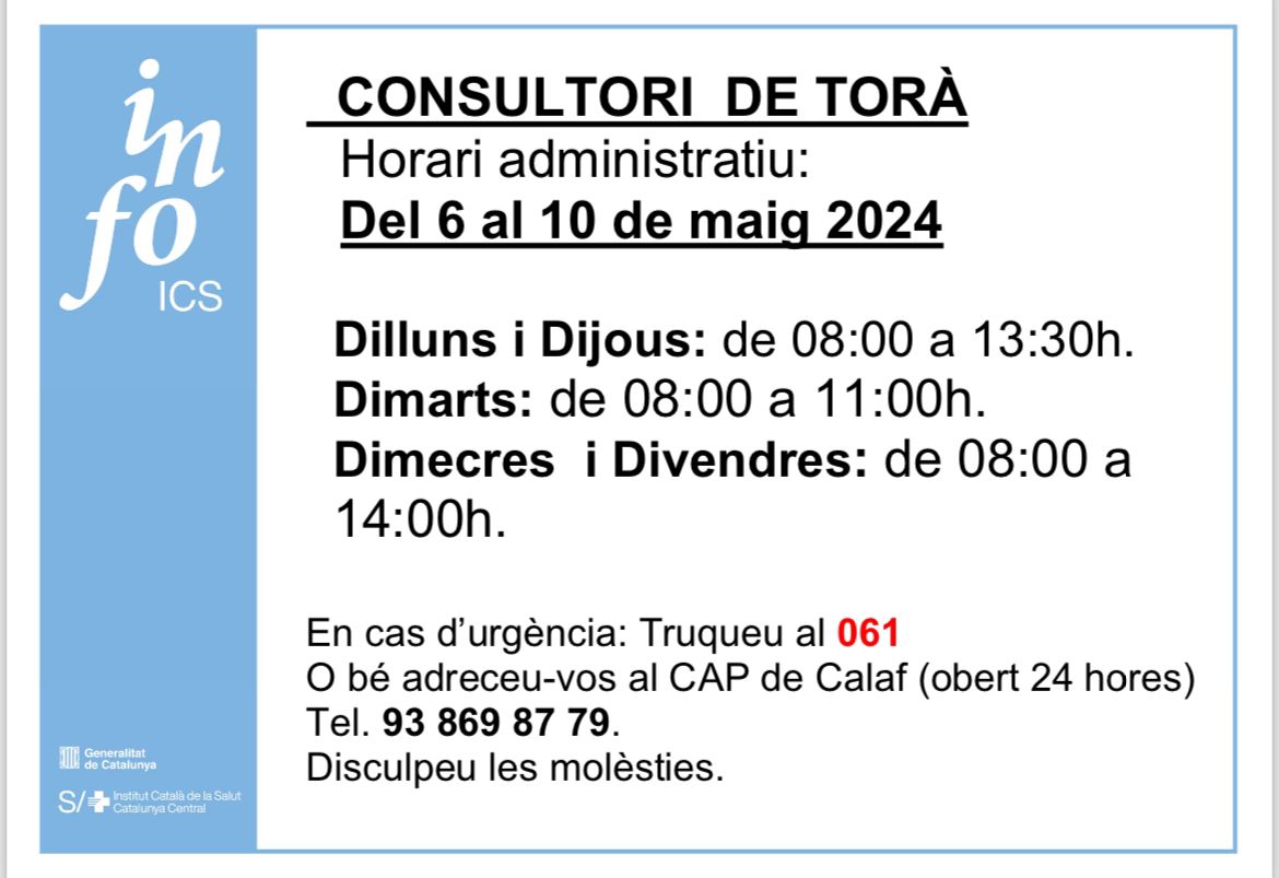 Horaris del consultori mèdic del 6 fins al 10 de maig👇