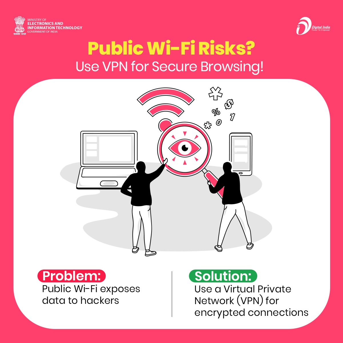NeGD_GoI's tweet image. Browse securely! Use a VPN (a mechanism for creating a secure connection between a computing device and a computer network) on public Wi-Fi to encrypt your internet connection. Keep your data safe from hackers. 🌐🔒 #VPNSecurity #CyberSafetyTips #DigitalIndia