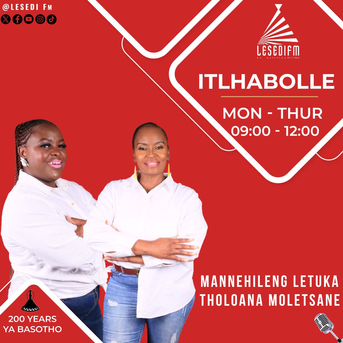 #Itlhabolle le Tholoana Moletsane le Mannehileng Letuka. 📱:0832840008 📞:0860003084 🌐: bit.ly/3JmKYxO Mamela Radio! #200YearsYaBasotho